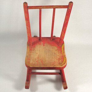 Vintage Doll Rocking Chair 14.5" Tall Red Yellow Wood Chair Primitive Folk Art